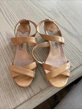 Jimmy Choo Patent Leather Tan Strappy Sandals